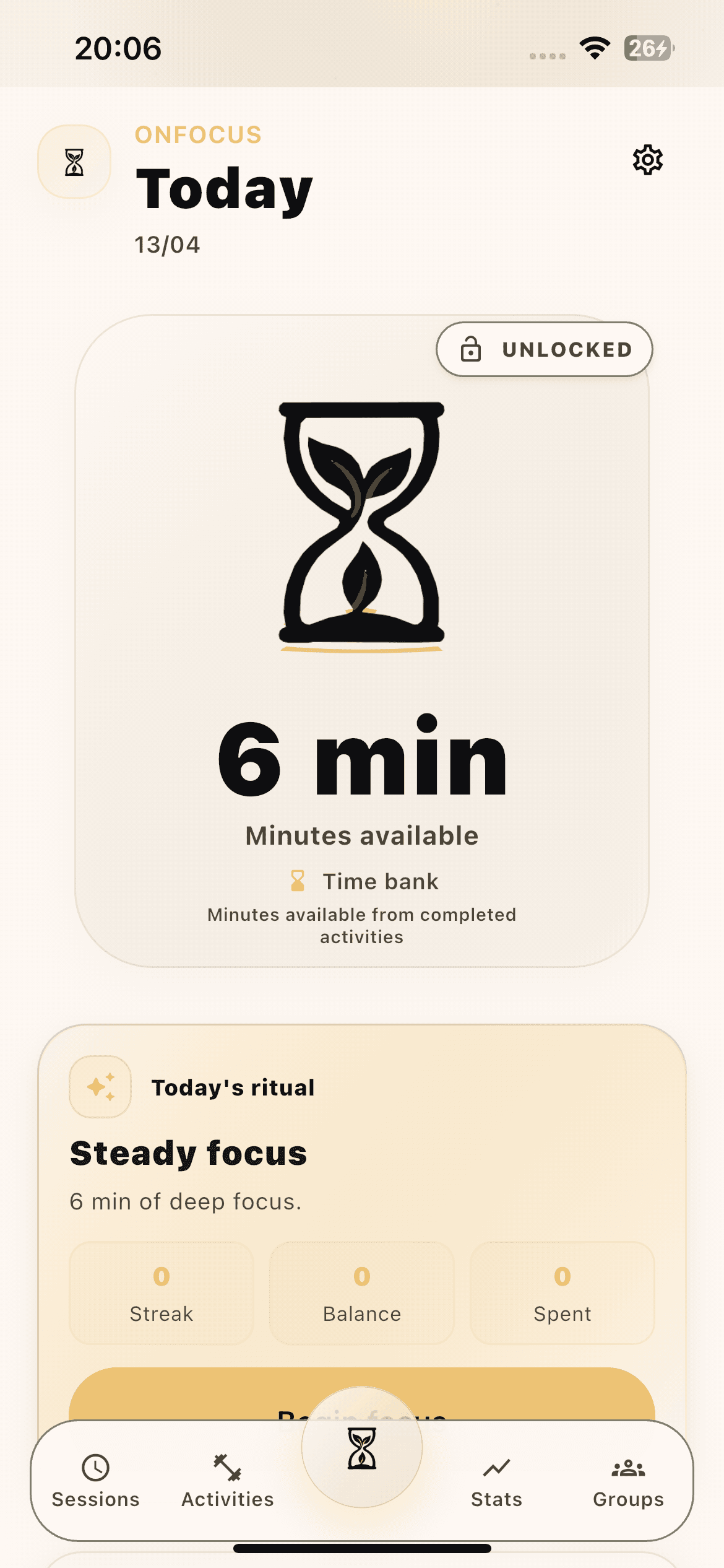 OnFocus home screen showing today's balance, ritual, and bottom navigation