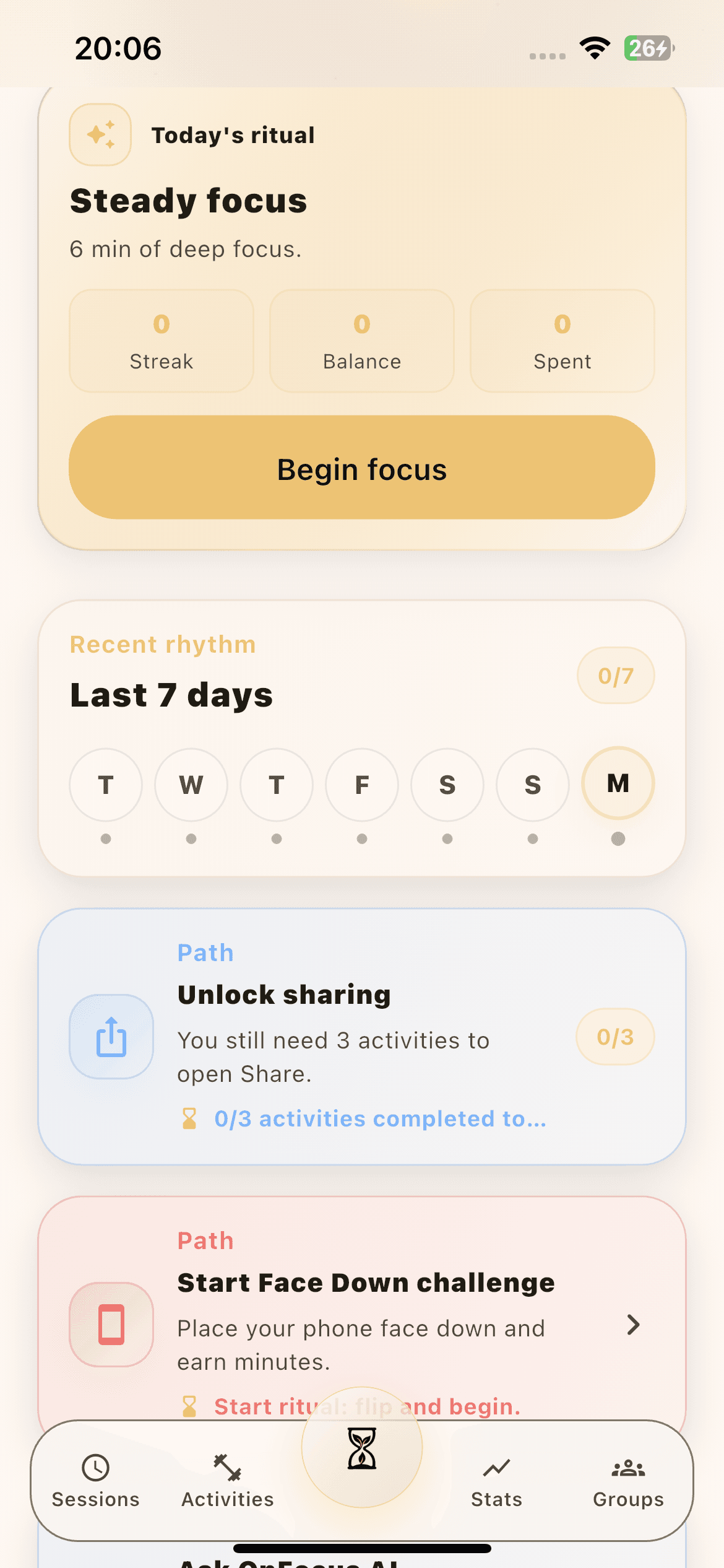 OnFocus home screen detail showing the reward focus action and supporting cards