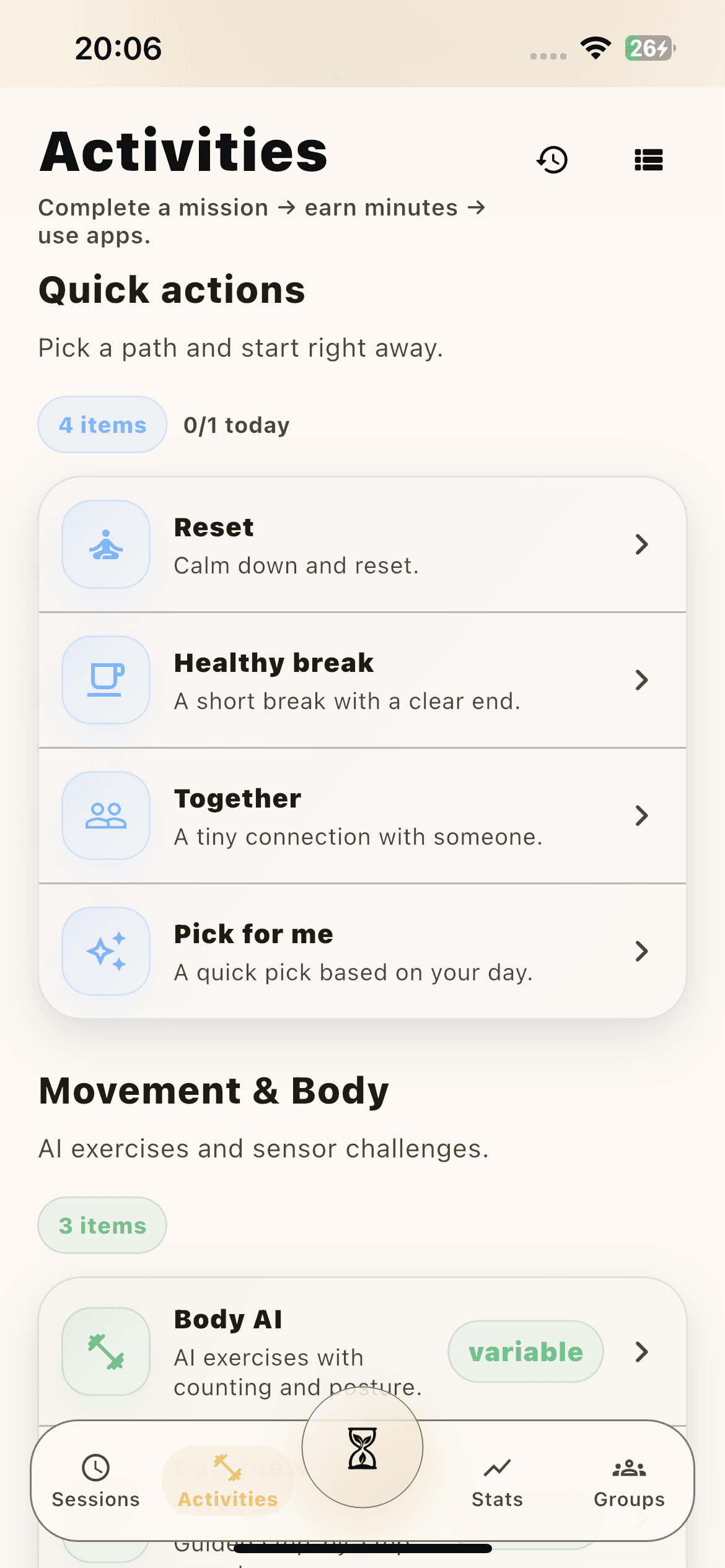 OnFocus home screen showing today's balance, ritual, and bottom navigation