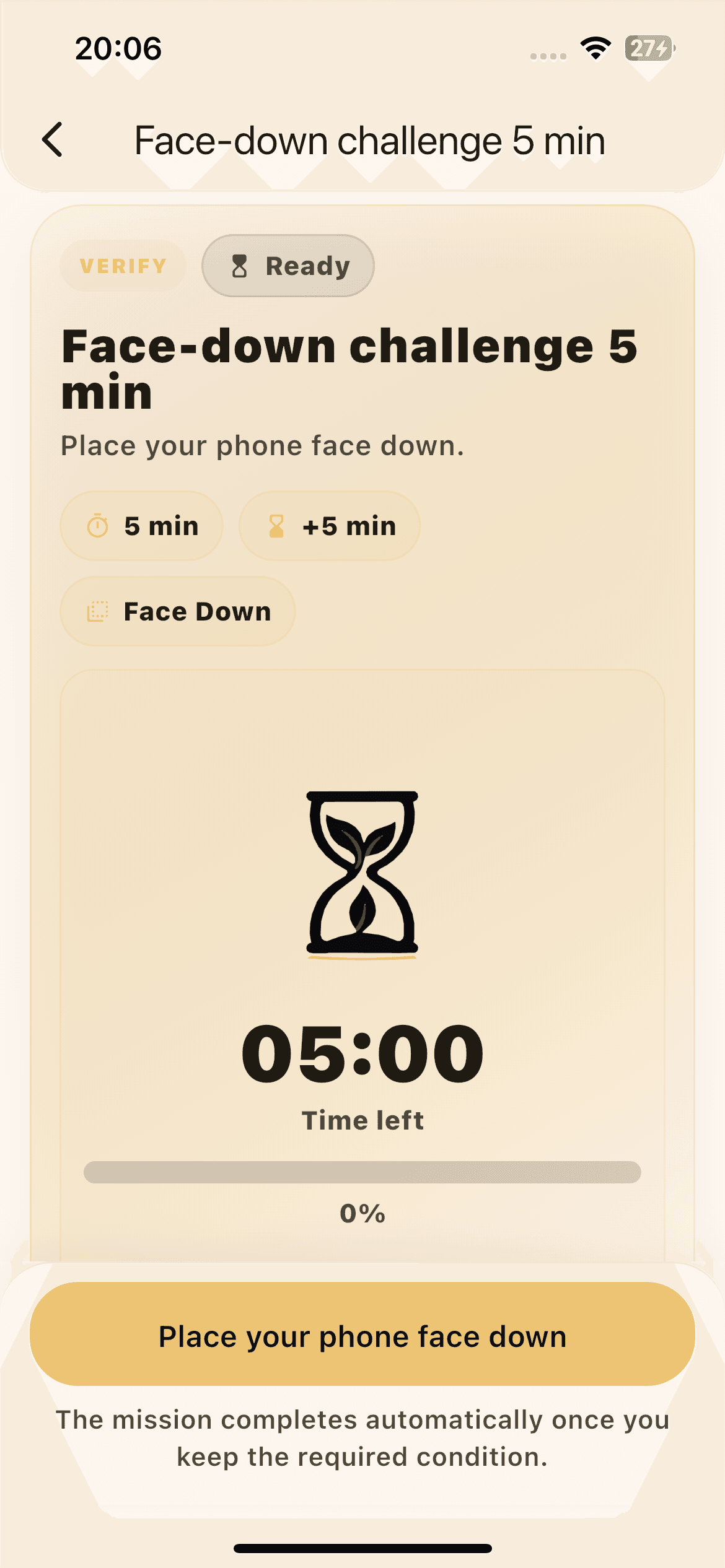 OnFocus face-down challenge countdown screen